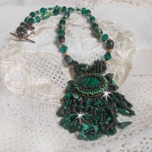 Emerald Green Pendant embroidered with Natural Malachite cabochon and chips, crystals, facets and seed beads